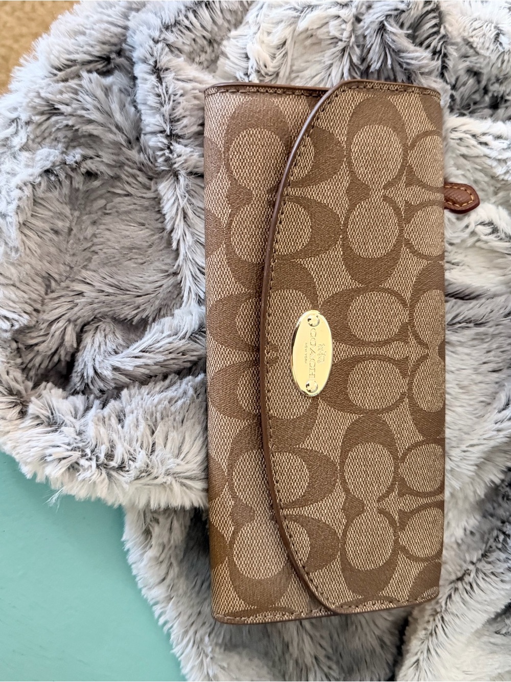 Coach Brown Signature Canvas Card & Key Holder with Gold Plaque